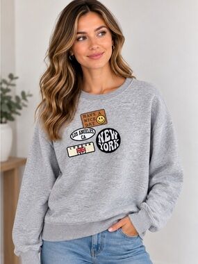 Light Gray Patch Crewneck Sweatshirt New York LA